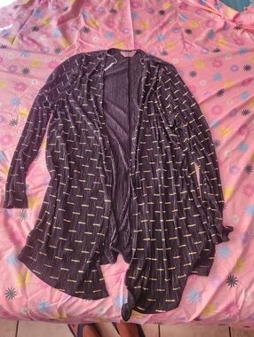 Open-Front Black Striped Cardigan Sweater with Gold Accent